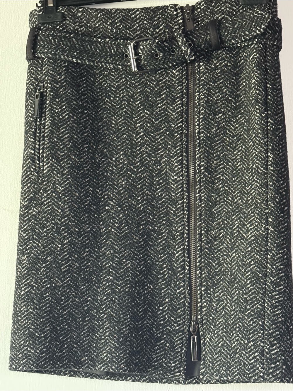 Tory Burch Black and Silver Tweed Pencil Skirt with Belt
